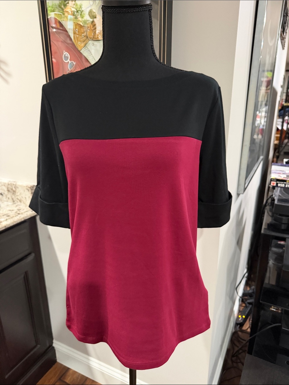Lauren Ralph Lauren Black and Berry Two-Tone Short Sleeve Top NWT Sz XL/TG